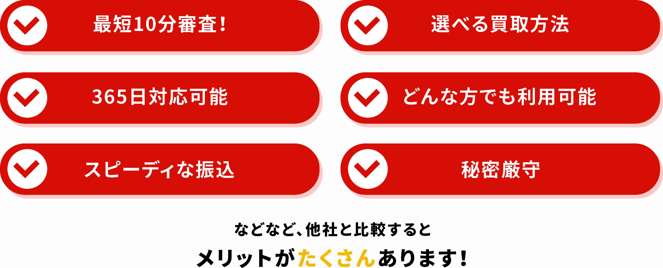 最短10分審査！/選べる買取方法/365日対応可能/どんな方でも利用可能/スピーディな振込/秘密厳守